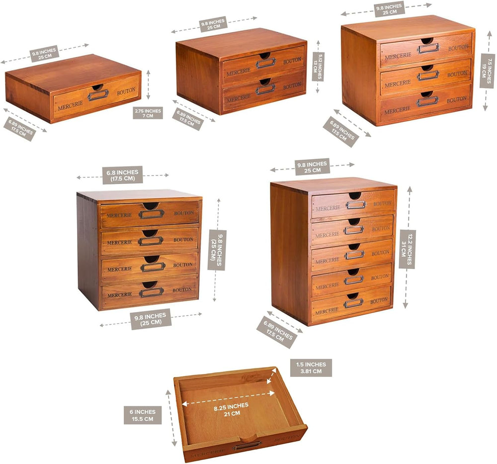 5-Piece Vintage Organization and Storage Set - Single Drawer, 2-Drawer, 3-Dra...