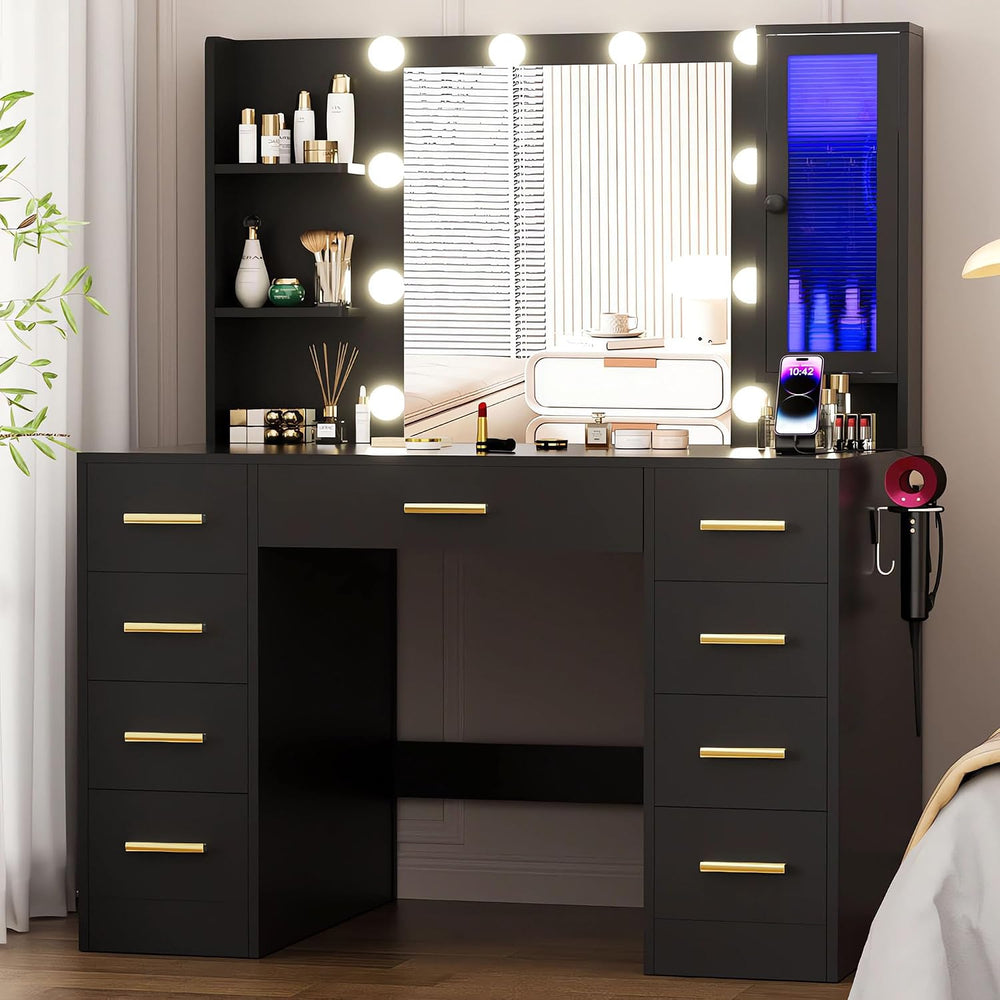 ERLEJIA Vanity Desk with Mirror and Lights, 43" Large Makeup Dressing Ta...