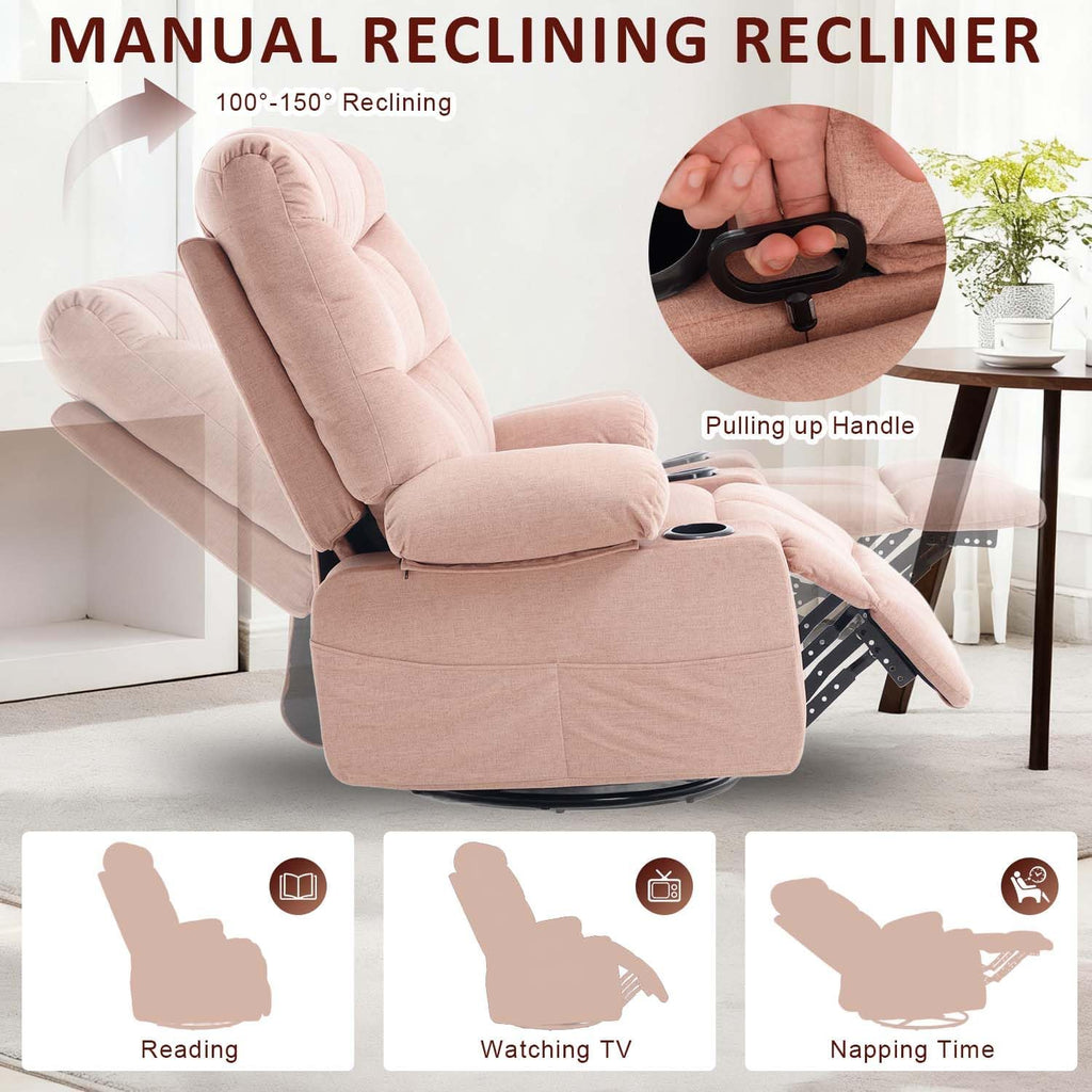 KCQ Overstuffed Swivel Rocker Recliner Chair with Massage and Heat, Fabric Heated Reclining Chairs Manual Recliner with Cup Holder, Pink Nursery Rocking Recliner Glider Chair
