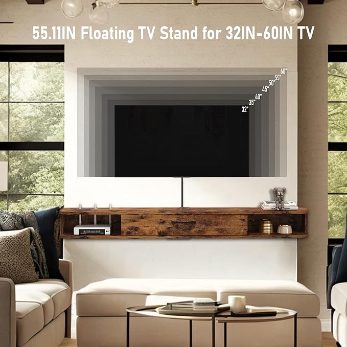 Floating TV Unit, 55'' Wall Mounted TV Cabinet, Floating Shelves with...