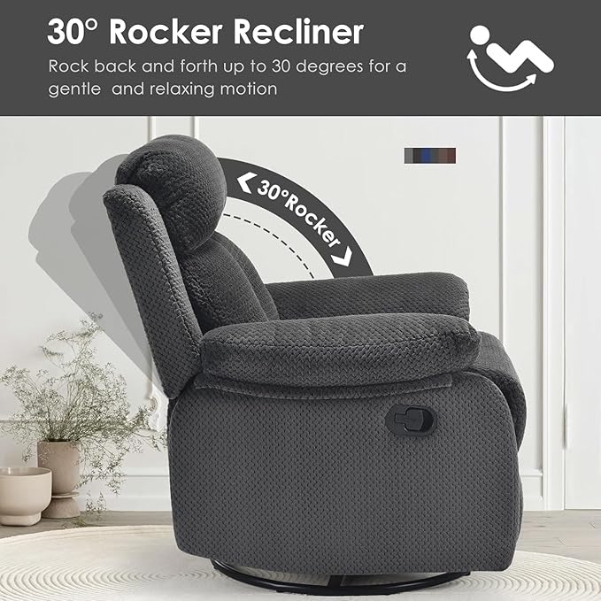 Swivel Rocker Recliner with 360 Degree Swivel, Small Recliners with 30 Degree, 90-150 Degree Angle, Lift Chair for Home Theater Seating, Adults, Living Room, Bedroom, Nursery, Dark Gray