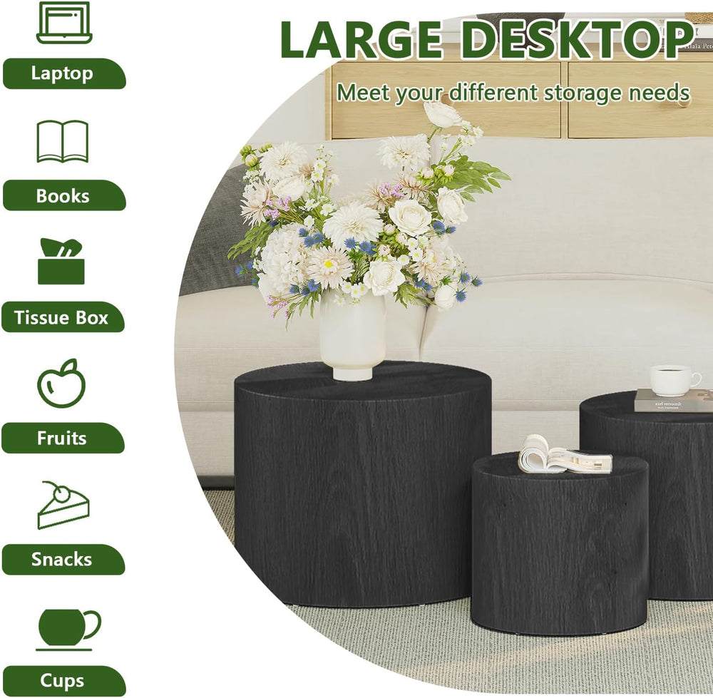Vikiullf Nesting Coffee Table Set of 3, Round Wooden Coffee Tables, Modern Ci...