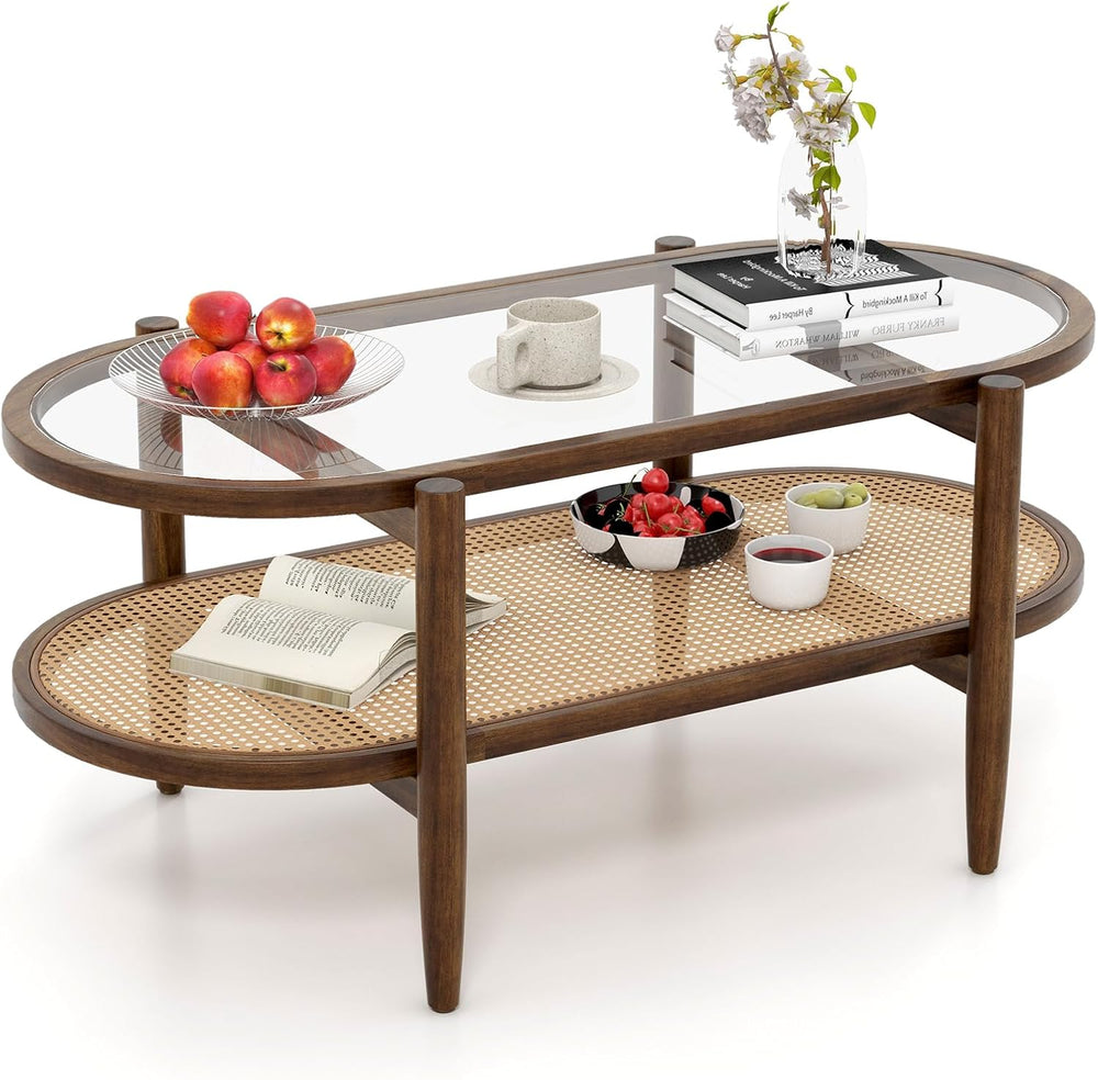 GIANTEX Rattan Coffee Table, 2-Tier Oval Acacia Wood Tea Table w/Tempered Gla...