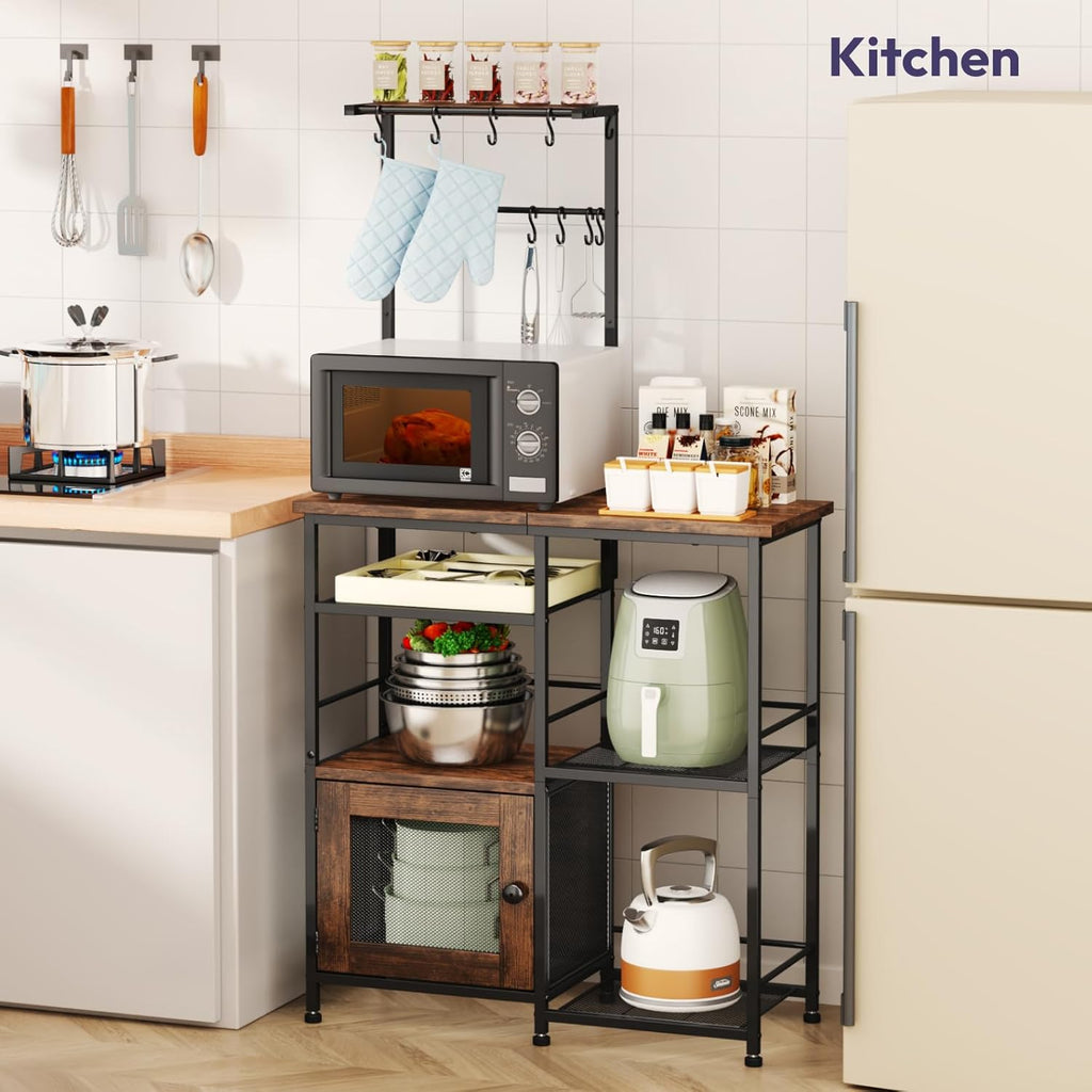 SWTYMIKI Bakers Rack with Storage - Coffee Bar Cabinet Organizer with 8 Hooks, Shelves & Cabinet Door, Coffee Station for Kitchen Dining Room, Microwave Stand with Adjustable Feet, Espresso