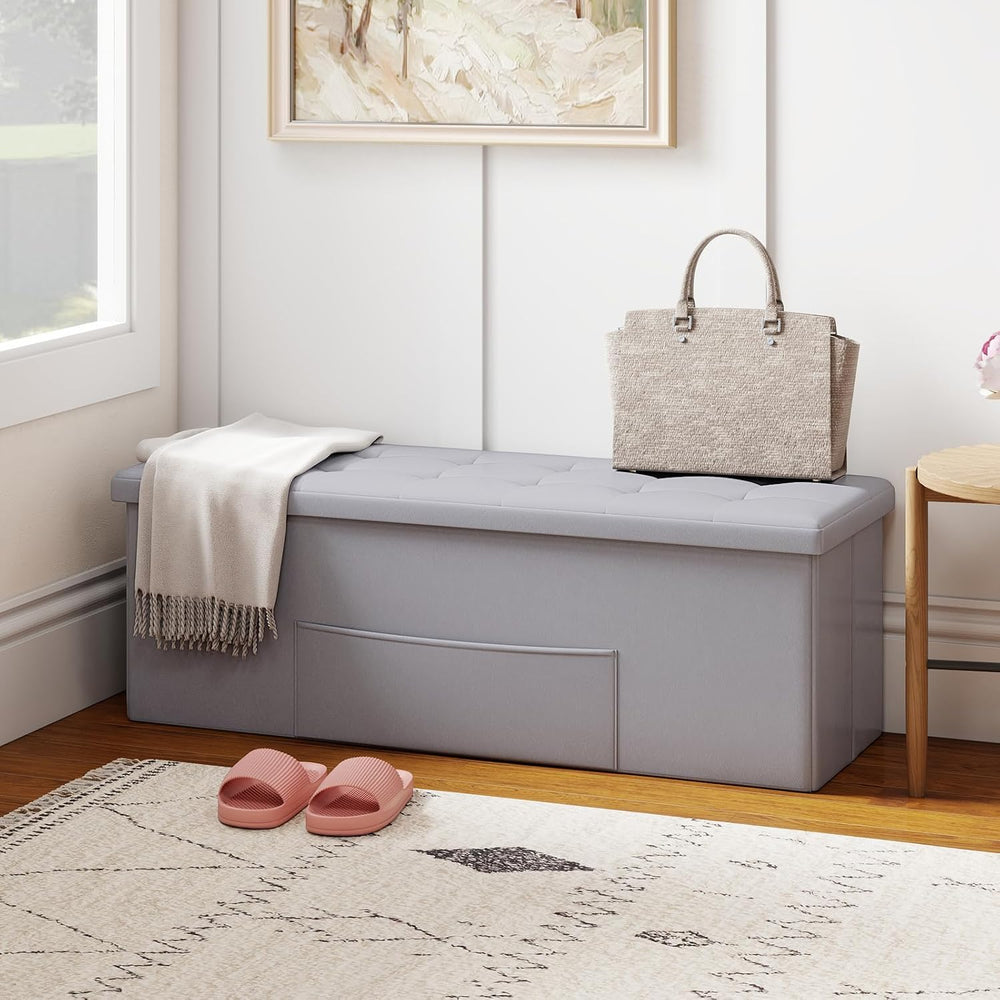 Giantex 43 Inches Folding Storage Ottoman Bench, Upholstered PU Leather Stora...