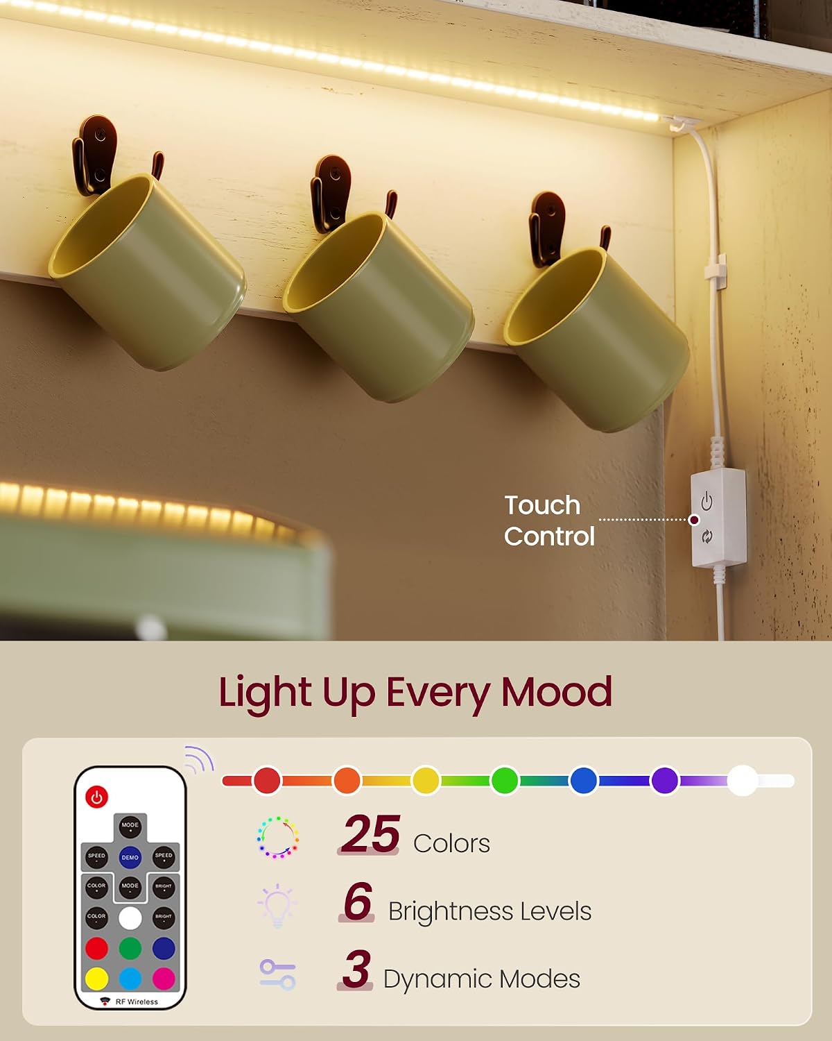 VASAGLE Baker's Rack with LED Lights and Power Outlet, Farmhouse Coffee Bar Cabinet with 6 Hooks, 35.4 x 14.2 x 68.9 Inches, Cloud White and Brown Liry Collection UKKS113W101S