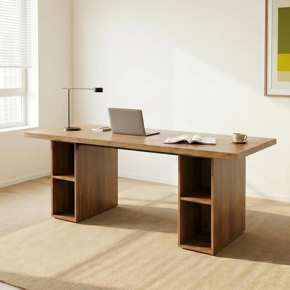 HIPIHOM 70.8'' Large Wooden Dining Table with 6 Open Storage Shelves,...