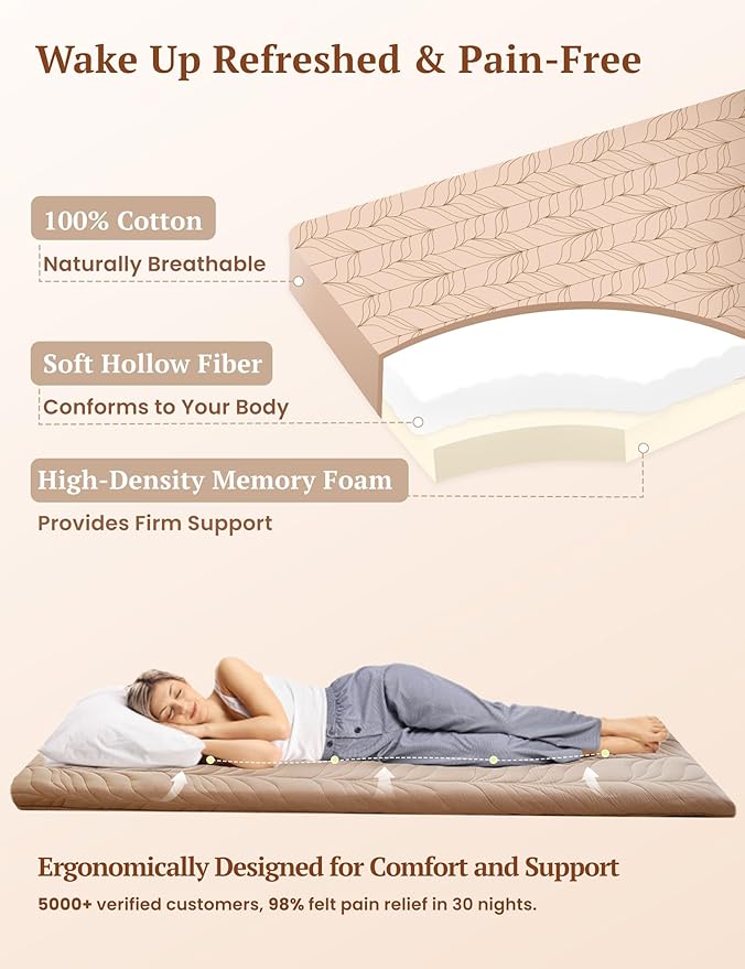 ZonLi Japanese Floor Mattress Futon Mattress Full Size, Thicken Roll Up Tatami Mat w/ 100% Cotton Washable Cover, Portable & Foldable Floor Bed Mattress for Sleeping, Dormitory, Adult Kids, Coffee