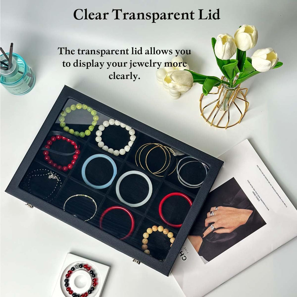 Black 12 Grid Jewelry Organizer Display Box with Transparent lid Bracelets Display Case Bracelet Box with Clasp Bangle Organizer Drawer Insert Bangle Brooch,Gift for Women Girls(12 Grid)