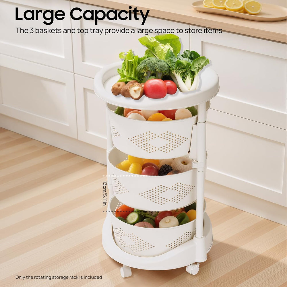 Storage Cart, 3-Tier Rotating Storage Shelf, Kitchen Detachable 180° Rotatabl...