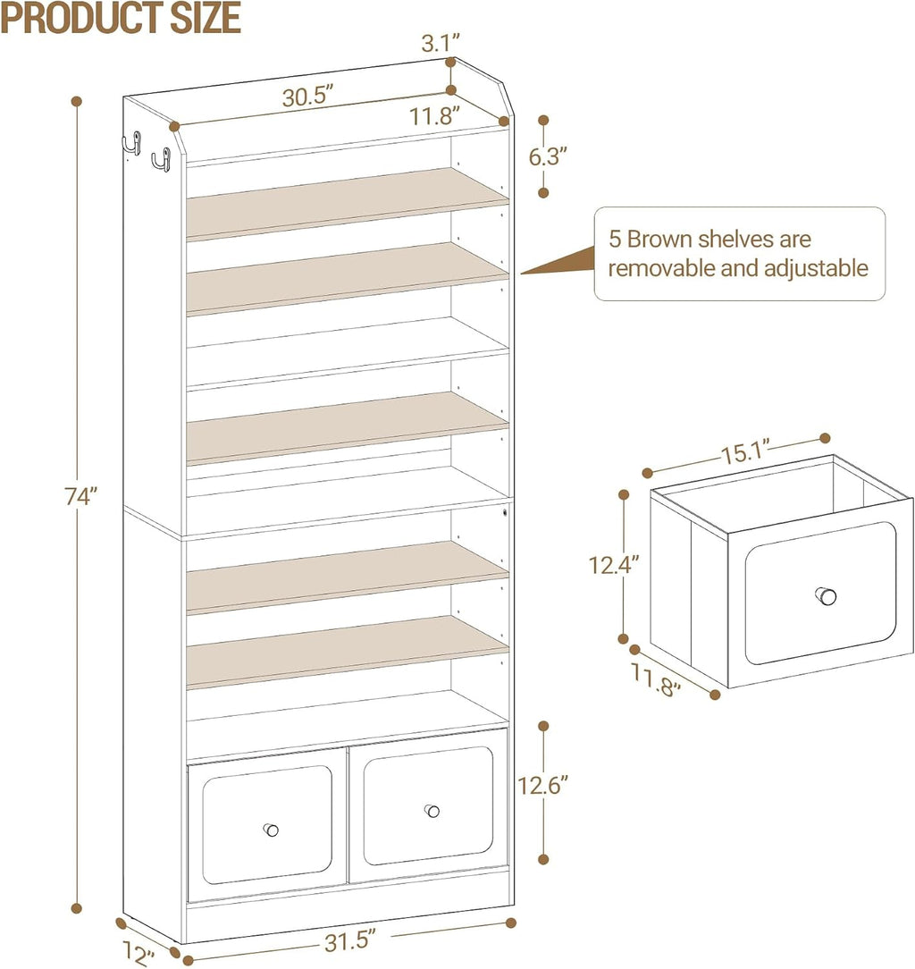 Hzuaneri Shoe Storage Cabinet, 10 Tiers Shoe Organizer with 2 Cloth Drawers | Wooden Freestanding Shoes Cabinet with 2 Hooks, 40-45 Pairs, Shoes Cubby Organizer for Entryway, White SR52903MI
