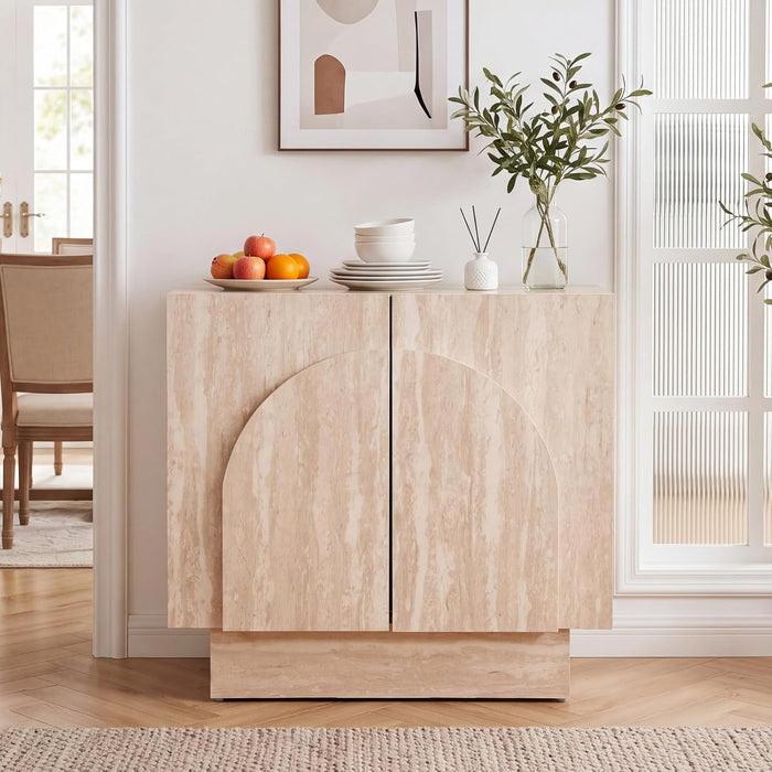 Buffet Cabinet with Storage, 31.5” Modern Sideboard Cabinet with Arched Doors & Shlef, Farmhouse Accent Media Console Credenza for Living Room/Dining/Kitchen/Entrayway, Travertine