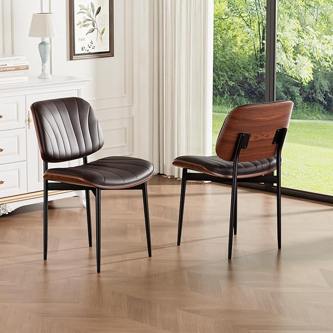 Dining Chairs Set of 2, Mid-Century Modern Upholstered PU Leather Chairs with Walnut Bentwood Back and Metal Legs Adjustable Feet for Kitchen Dining Room, Dark Brown Shell Strips