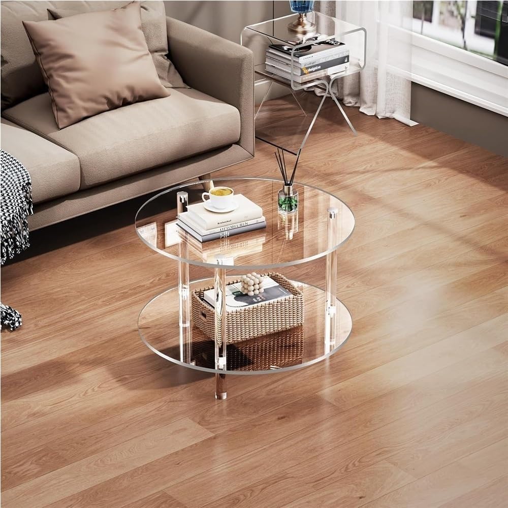 Acrylic Coffee Table, 2 Tier Round Coffee Table, Modern Clear Coffee Table, C...