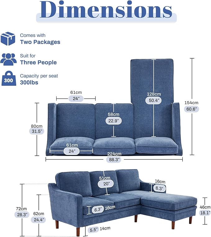 Kingfun 88" L-Shape Sofa, Chenille Sectional Couch, Mid Century Modern Couches with Solid Wood Frame for Living Room & Bedroom, Light Blue