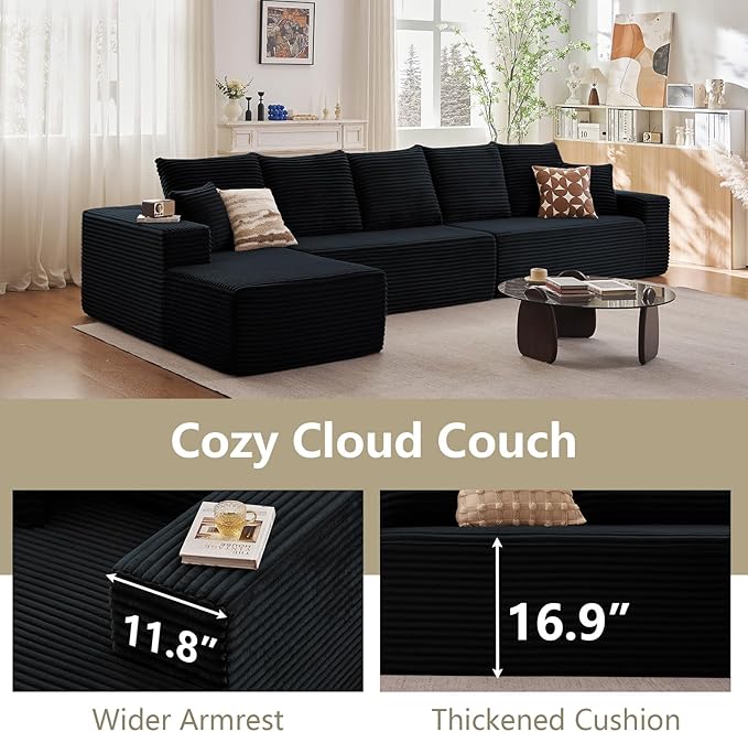 166.9" Cloud Sectional Couch with L-Shape Chaise, Modern Modular Comfy Sofa Chaise Longue, Upholstered Corduroy Couches Sleeper with Deep Seat for Living Room Bedroom, No Assembly Required, Black