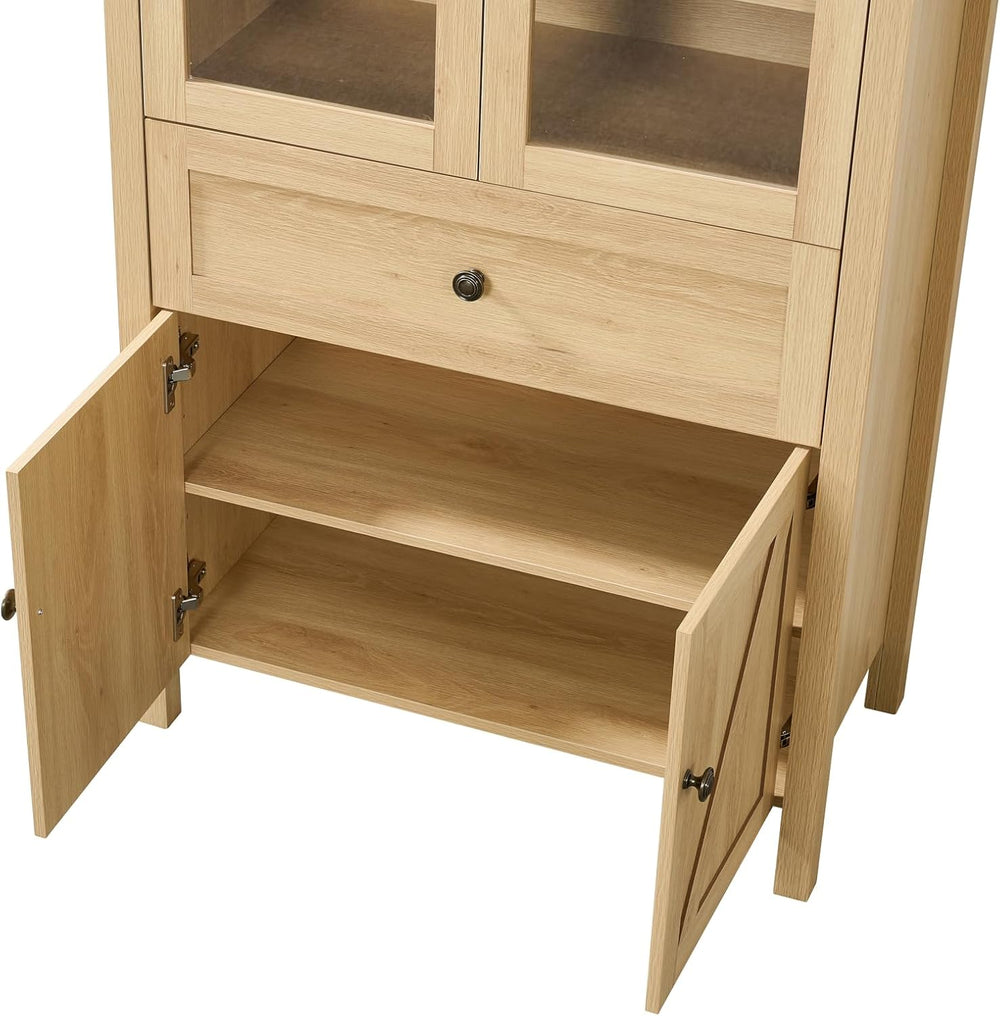 Retro Curved Cabinet, Arched Bookcase with Glass Doors, Natural Wood Display ...