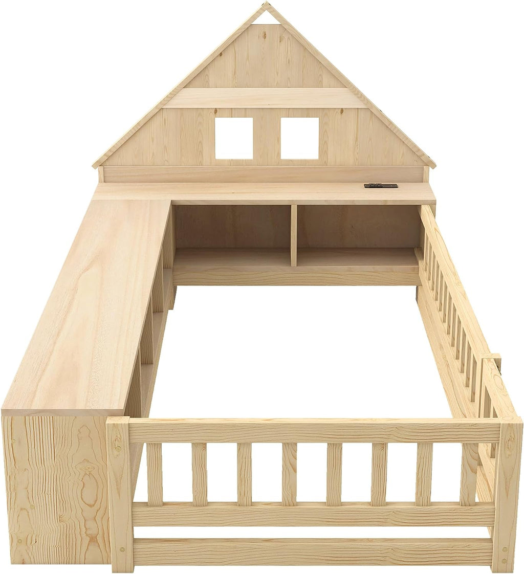 Twin Size Wood Floor Bed with Guardrail, House-Shaped Headboard and Cabinet (Natural)