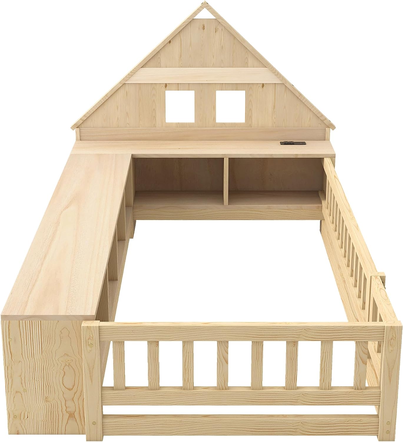 Twin Size Wood Floor Bed with Guardrail, House-Shaped Headboard and Cabinet (Natural)