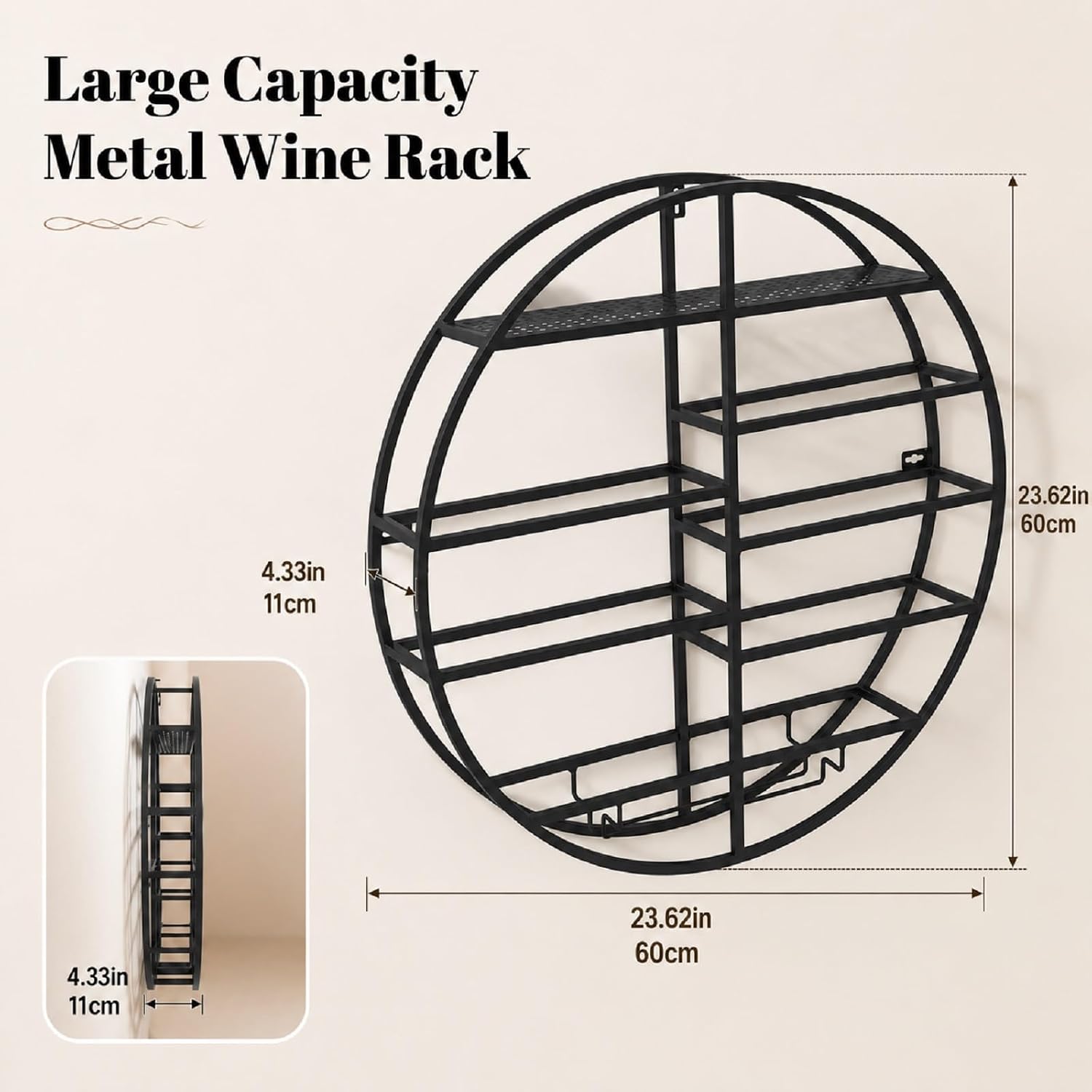Round Wall Mounted Wine Rack Modern Metal Wine Wall Display Shelf | Horizontal Circular Bottle Storage Organizer, Vintage Rustic Wall Decor for Kitchen Living Room, Wine Cellar, Home Bar, Black