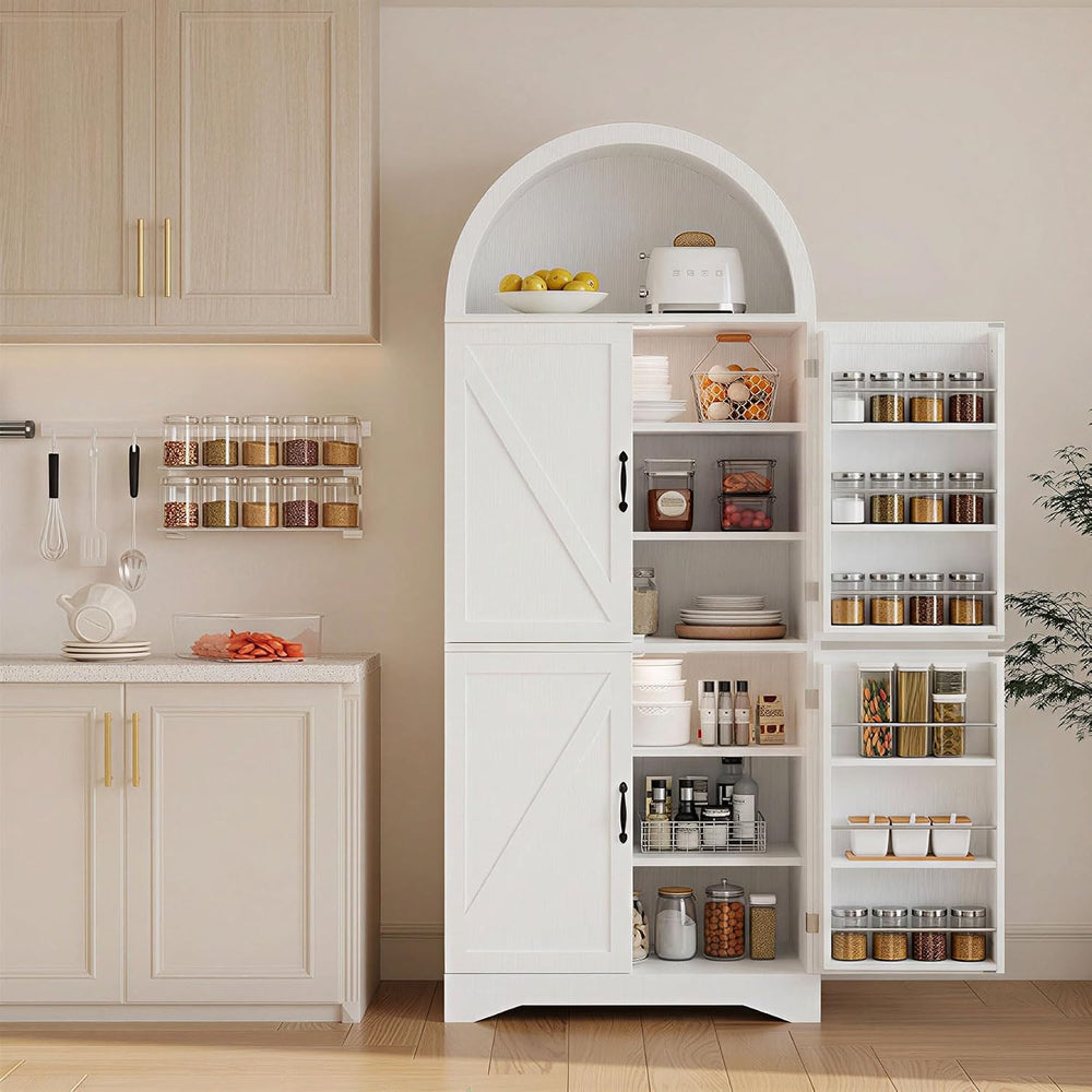 70" Tall Arched Pantry Cabinet, Kitchen Cupboard with Barn Doors, Adjust...