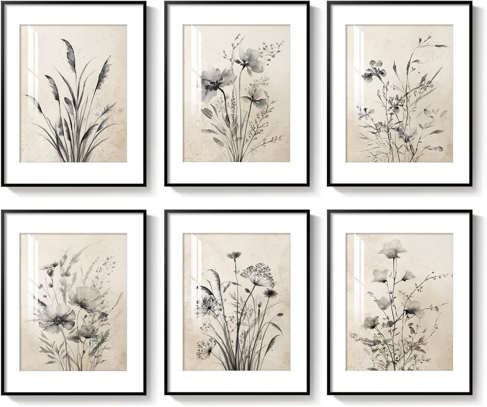 Framed Vintage Black and White Boho Botanical Wall Art, 6 Piece 11x14 In