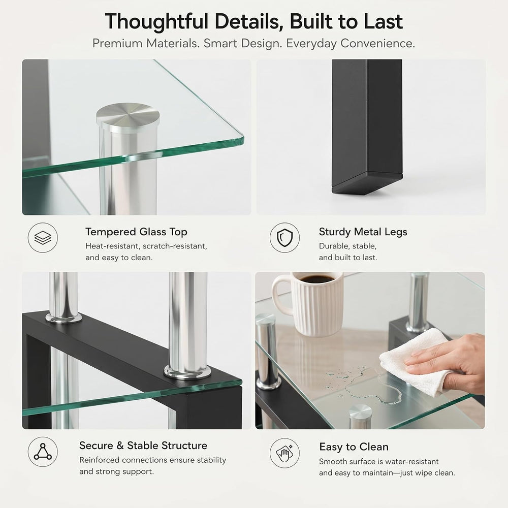 Meihua Glass End Table, Square Glass Side Table, 2-Tier Modern Nightstand wit...