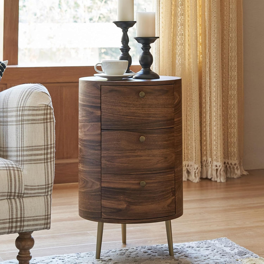 Mid Century Modern Round End Table with 3 Drawers, Small Wood Side Table with...