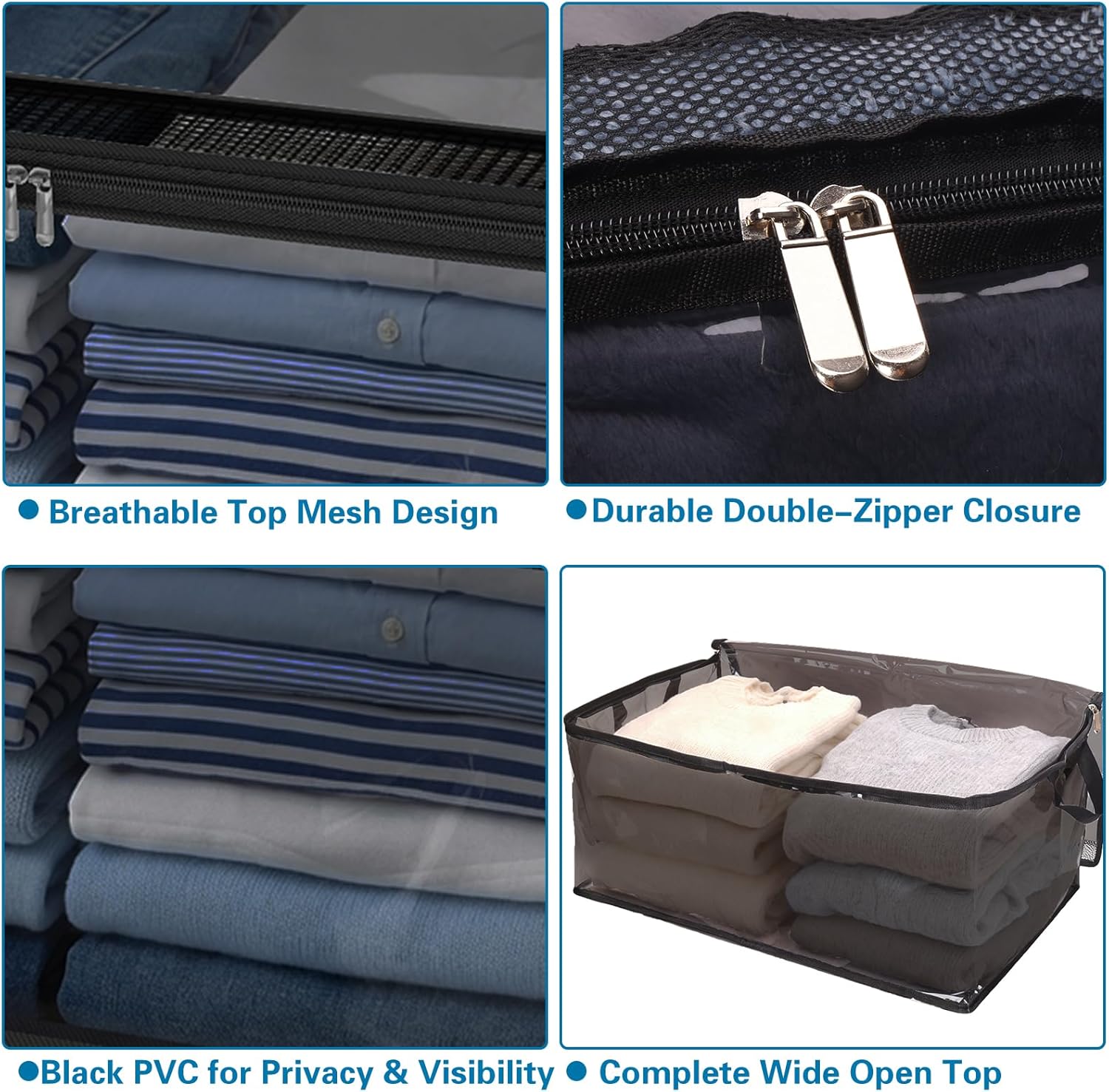 Fixwal 80L Large Storage Bags 4 Pack Clothes Storage Bins Foldable Thick Blanket Storage Closet Organizers Storage Containers with Reinforced Handle for Clothing, Blanket, Comforters(Black, PVC)