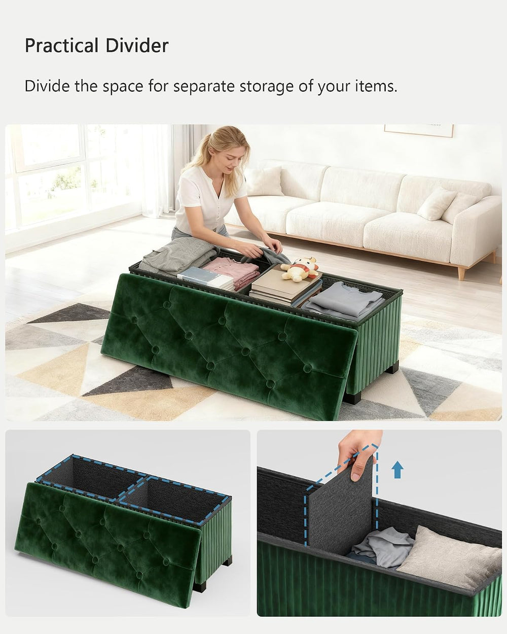 LITZFUR 43 Inches Storage Ottoman Bench, Velvet Foot Rest Stool, Green | Fold...