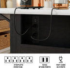 40“ L Black Kitchen Island with A 14.5” W Folding Faux Marble Tabletop, Wooden Kitchen Island with Power Outlet, Storage Cabinet & Drawer and Open Adjustable Shelving