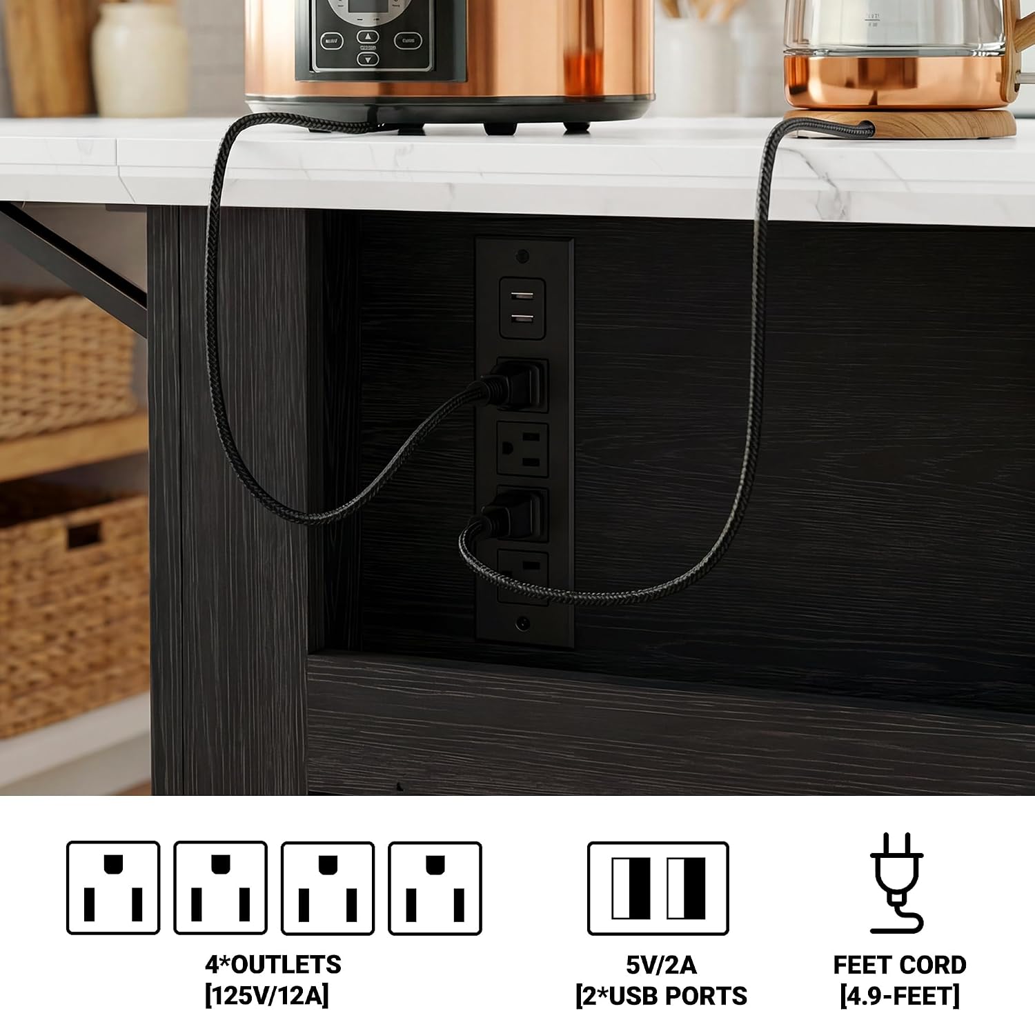 40“ L Black Kitchen Island with A 14.5” W Folding Faux Marble Tabletop, Wooden Kitchen Island with Power Outlet, Storage Cabinet & Drawer and Open Adjustable Shelving