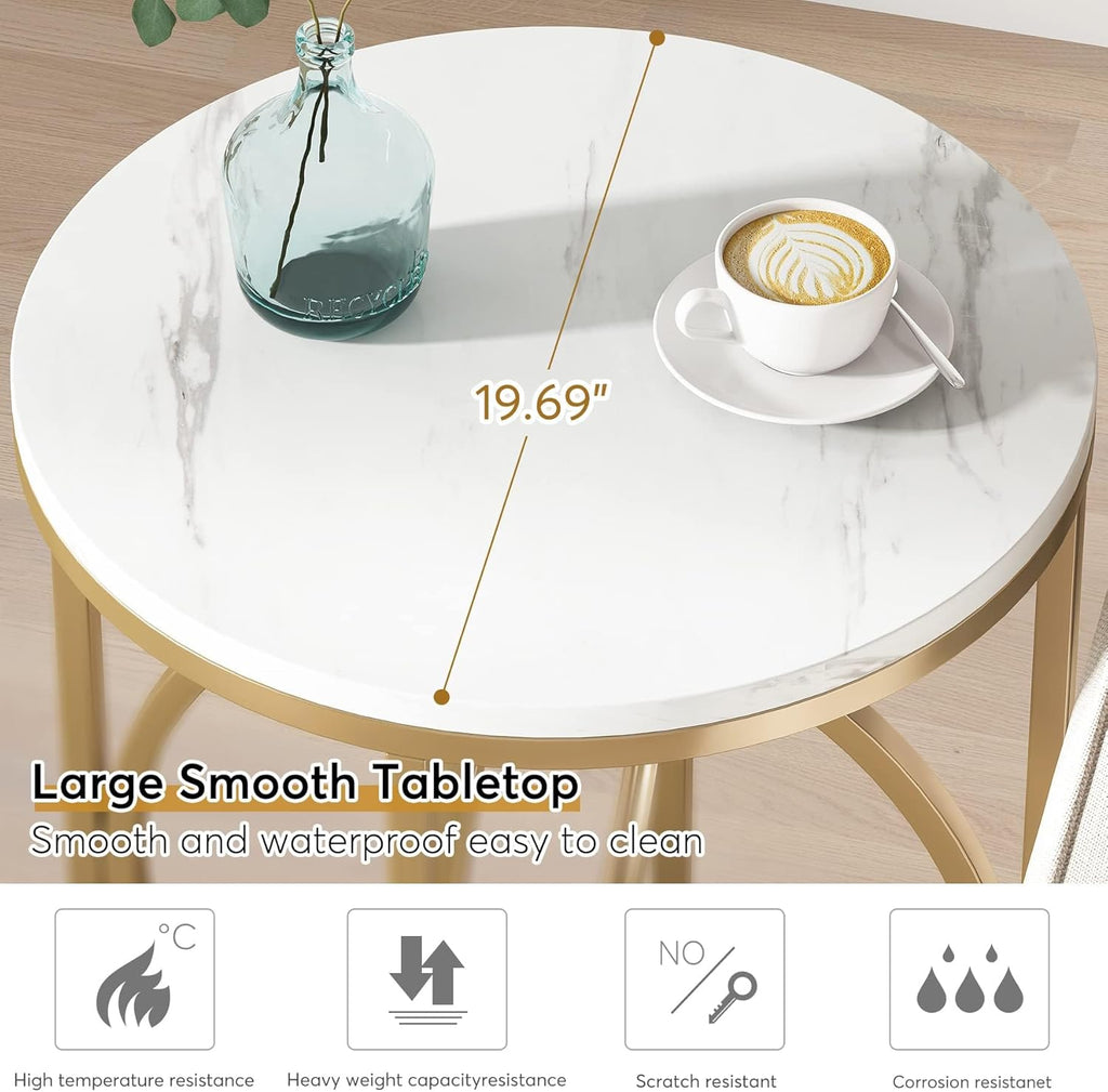 LITTLE TREE 20” Round End Table，Modern Sofa Side Table with Gold O-Shaped Base, Faux Marble White Cocktail Table Accent Table Nightstand for Living Room Bedroom, 2PCS