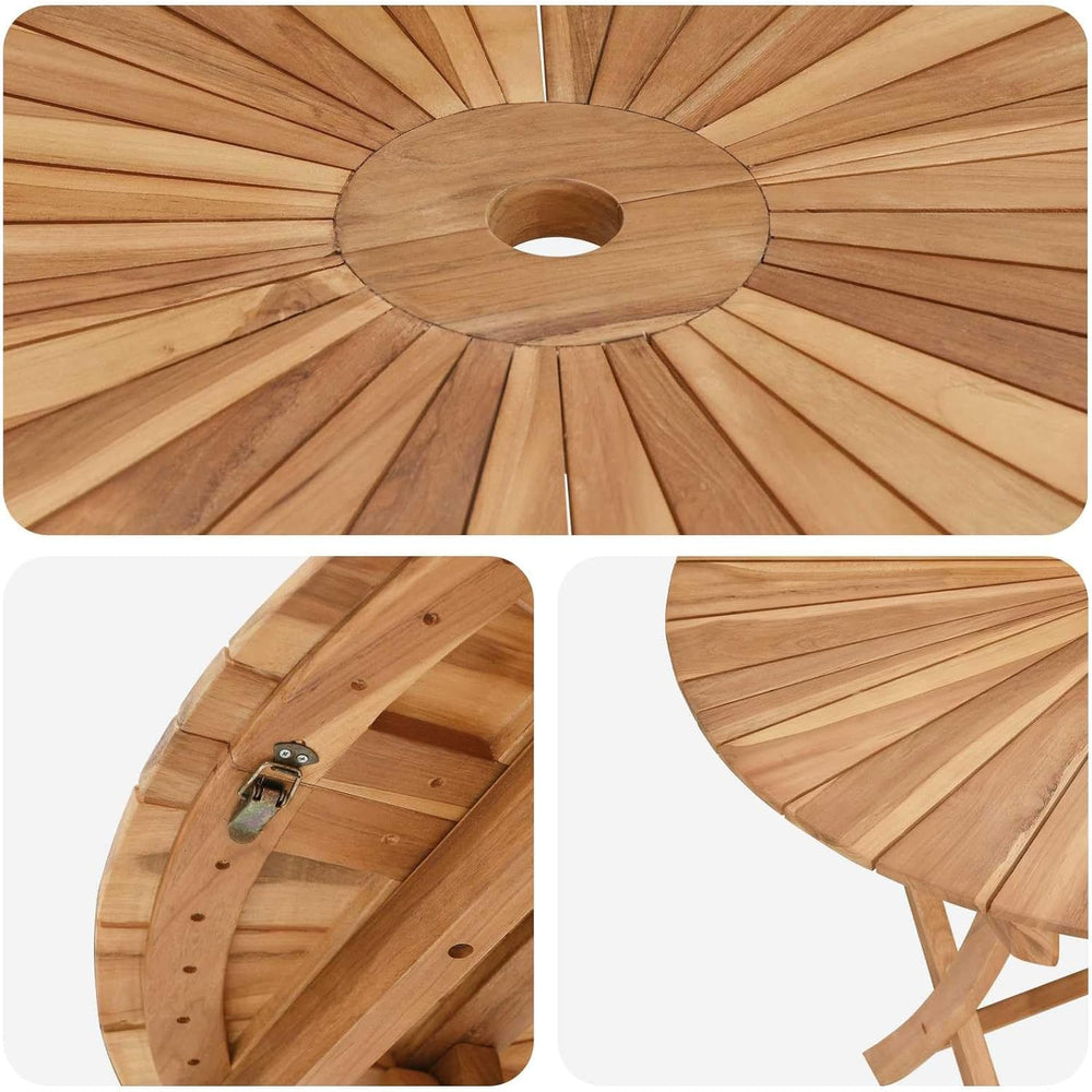 Round Solid Teak Folding Table with Water-Based Finish, 43.31 x 29.53 in, Sla...