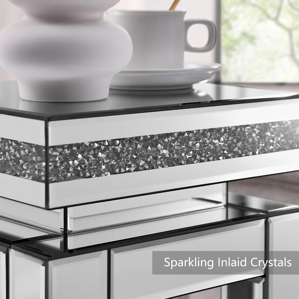Mirrored End Table Modern 2 Layer 11.8inch Glass Sofa Side Table with Crystal...