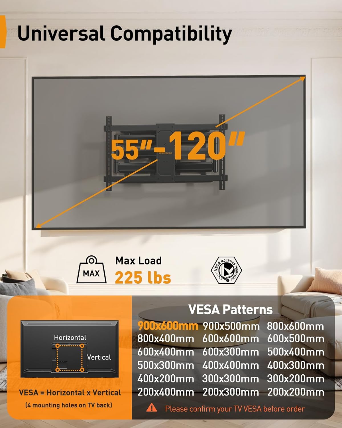 Perlegear TV Wall Mount for 55-65 75 85 90 98 100 120 Inch TVs, Heavy Duty TV Mount Fits 24″/18″/16″Wood Studs, Preassembled Full Motion TV Mount up to 225lbs, Max VESA 900x600mm, PGXLF03B