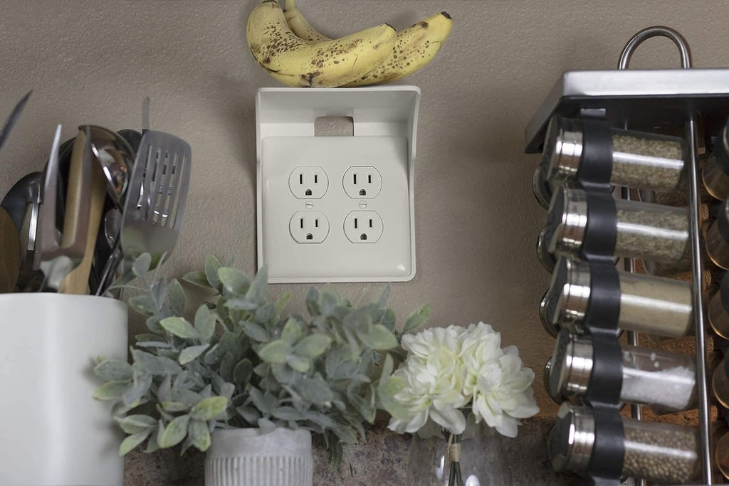 Power Perch Double Wall Outlet Shelf with Cord Storage Strap - Declutter & Reclaim Bathroom Counter Space - Alexa Stand, Apple Homepod Shelf, Toothbrush Holders Wall Mounted - Almond, 2-Pack
