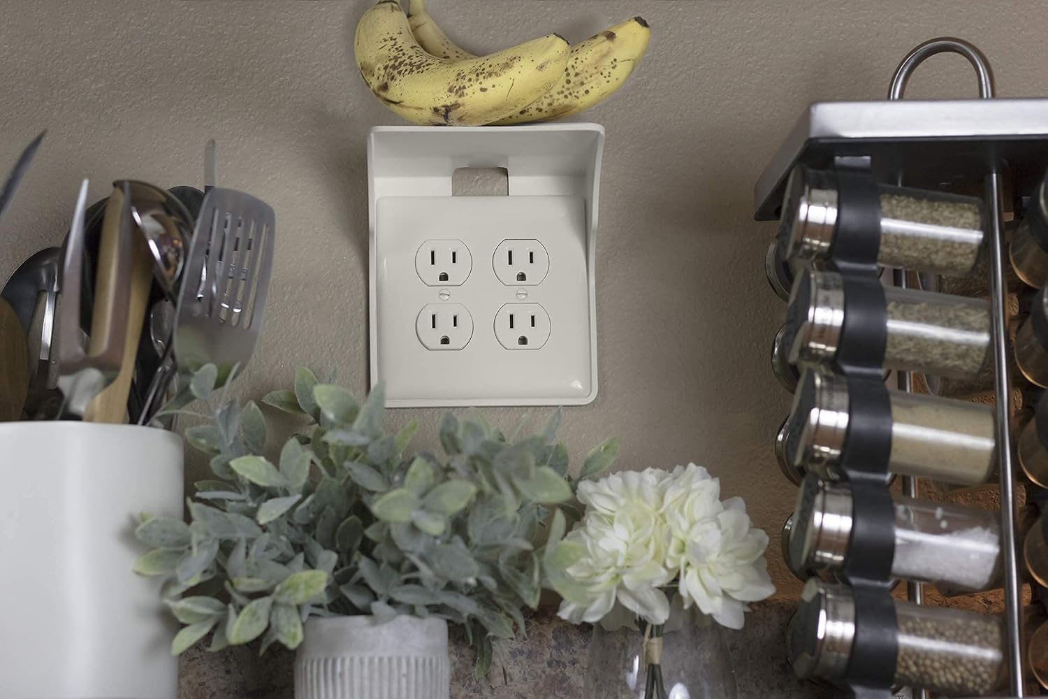 Power Perch Double Wall Outlet Shelf with Cord Storage Strap - Declutter & Reclaim Bathroom Counter Space - Alexa Stand, Apple Homepod Shelf, Toothbrush Holders Wall Mounted - Almond, 2-Pack