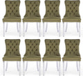 Velvet Upholstered Dining Chairs Set of 8, Modern Kitchen Side Chairs with Nailhead Trim and Silver Plated Leg, Metal Pulling Ring for Dining Room Living Room(Olive Green-Silver Plated Leg)