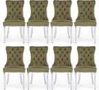 Velvet Upholstered Dining Chairs Set of 8, Modern Kitchen Side Chairs with Nailhead Trim and Silver Plated Leg, Metal Pulling Ring for Dining Room Living Room(Olive Green-Silver Plated Leg)