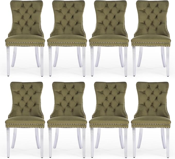 Velvet Upholstered Dining Chairs Set of 8, Modern Kitchen Side Chairs with Nailhead Trim and Silver Plated Leg, Metal Pulling Ring for Dining Room Living Room(Olive Green-Silver Plated Leg)