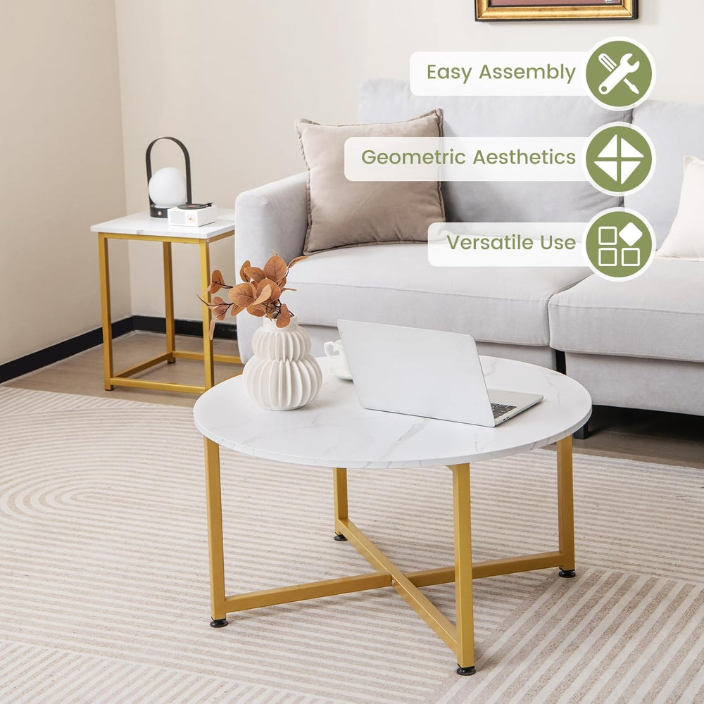 COSTWAY Coffee Table Set of 3, Round Faux Marble Coffee Table and 2 Square En...
