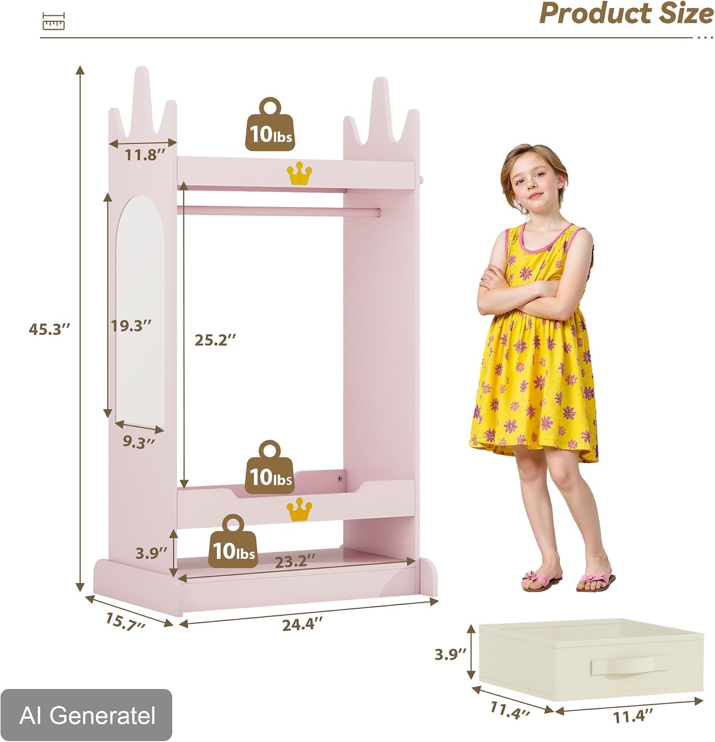 FTZxHKLX Kids Dress Up Storage with Mirror, Kids Open Hanging Armoire, Pink | Open Hanging Armoire Closet with Storage, Costume Storage Dresser with 3 Hooks, Crown-Shaped Design, Princess Style
