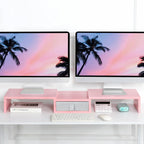 TEAMIX Pink Dual Monitor Stand Riser with Drawer - Length and Angle Adjustable Double Corner Desk Shelf Organizer 37 inch for 2 Laptop/PC/Screen/TV