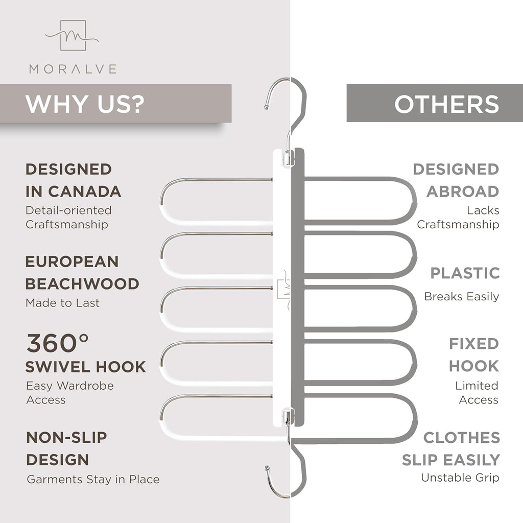 MORALVE Pants Hangers Space Saving - 2 Pack European Beechwood Scarf and Jean Hangers - Closet Organizer and Space Saver Pant Rack, Leggings Hanger, and Scarf Holder with 360° Swivel Hook