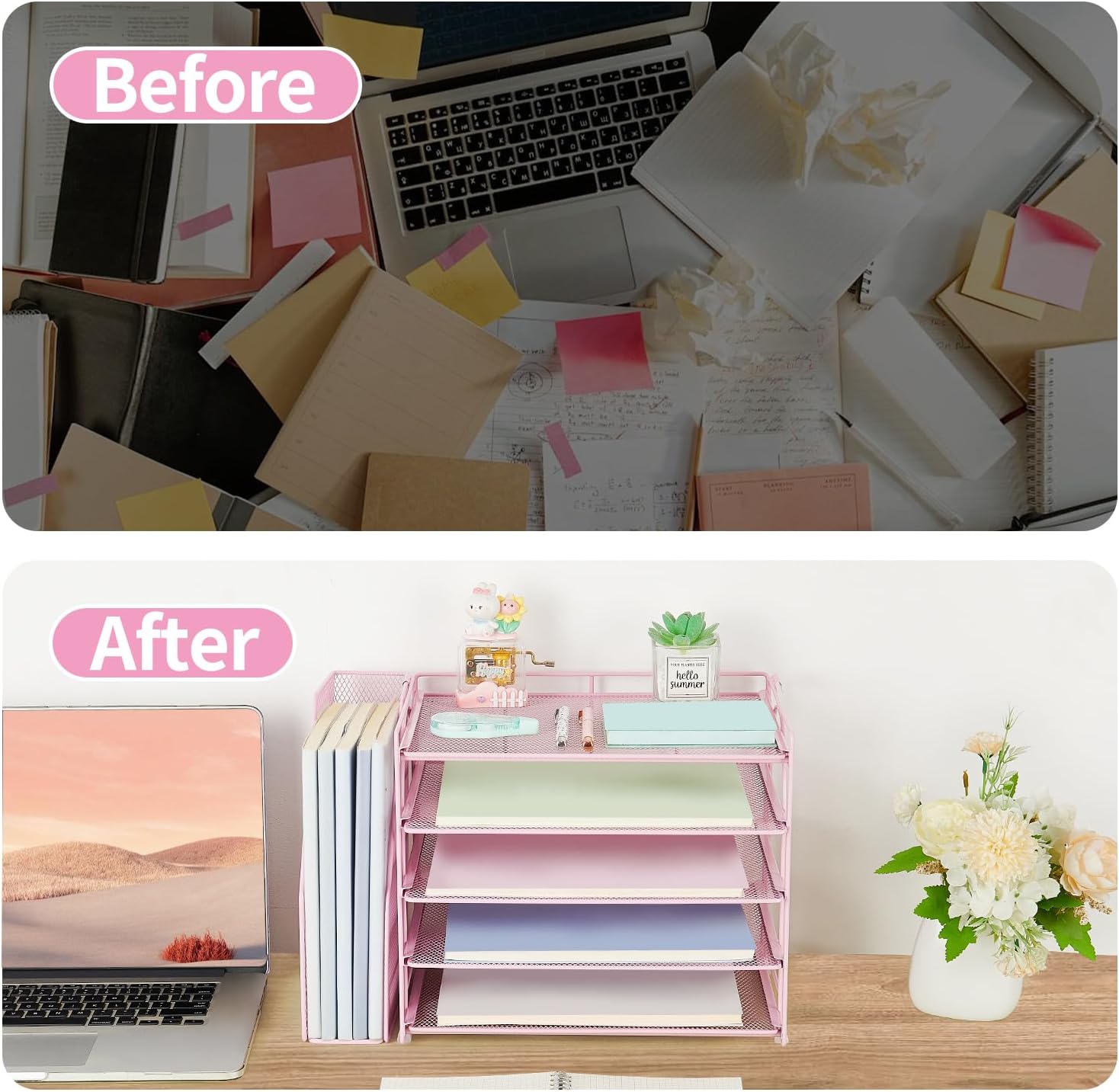 AUPSEN Pink Desk Organizers and Accessories,5-Tier Desktop Paper File Organizer with Adjustable File Holder, Office Desk Accessories for Office Supplies