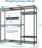 VIPEK X20 Plus Expandable Reach-in Closet Rack Adjustable from 3'9" to 5'2" Clothing Rack with Extendable Shelves and Hanger Rods Portable Clothes Racks Open Walk-in Closet System, Black