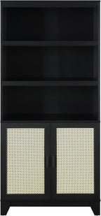 Manhattan Comfort Sheridan Modern Cane Bookcase with Adjustable Open Shelves, Soft Close Doors, and Concealed Compartments, Versatile 3 Tier Bookshelf Storage for Home and Office, Set of 1, Black