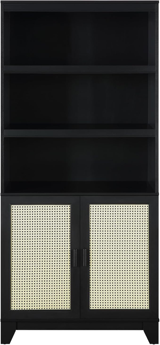 Manhattan Comfort Sheridan Modern Cane Bookcase with Adjustable Open Shelves, Soft Close Doors, and Concealed Compartments, Versatile 3 Tier Bookshelf Storage for Home and Office, Set of 1, Black