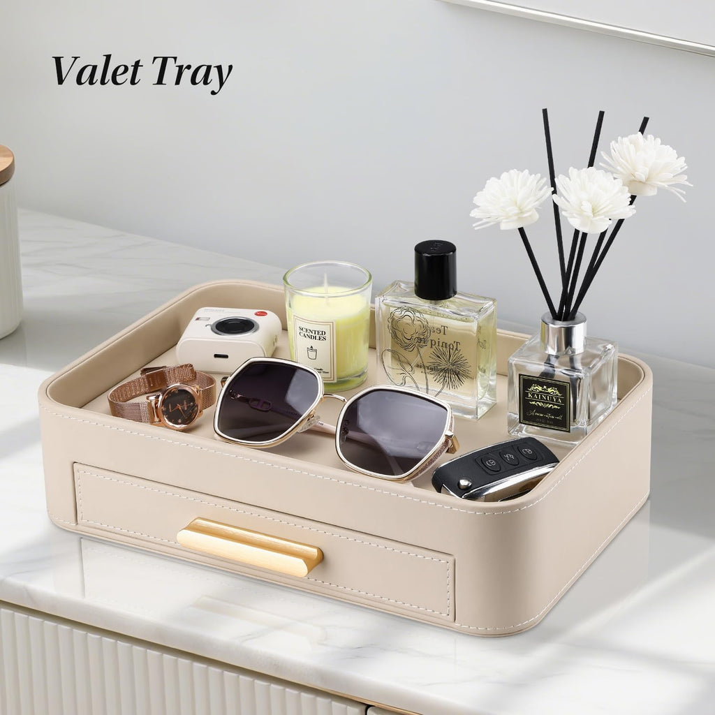 GORESE Valet Jewelry Tray Nightstand Organizer with Drawer, PU Leather Perfume Tray Trinket Trays for Vanity Bathroom Entryway, Catchall Trays for Key Purse Watch Cologne, Gift for Women Men, Beige